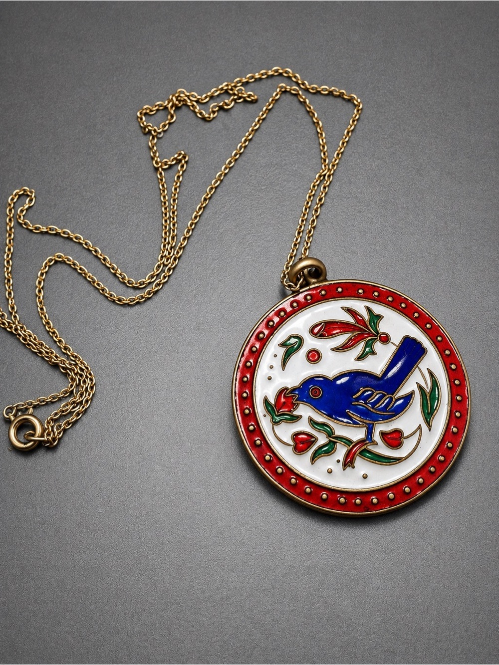 Vintage Champleve Enamel Blue Bird Pendant